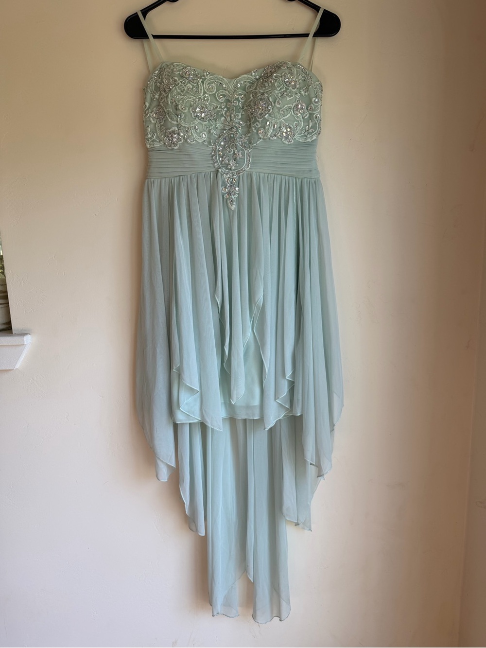 My Michelle Mint Green Strapless High-Low Dress with Beaded Bodice